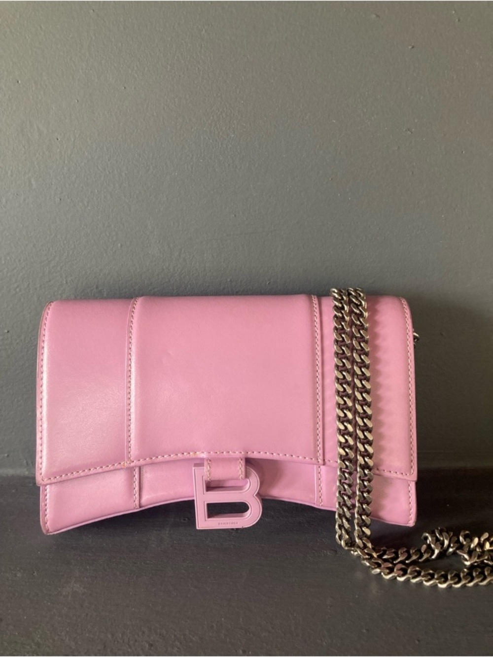 Balenciaga Hourglass Pink Leather Shoulder Bag with Chain Strap